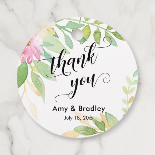 ピンクの花のスクリプトありがとうパーソナライズされたす結婚。 フェイバータグ (裏面)