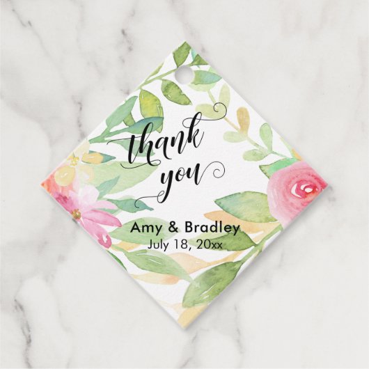 ピンクの花のスクリプトありがとうパーソナライズされたす結婚。 フェイバータグ (正面)