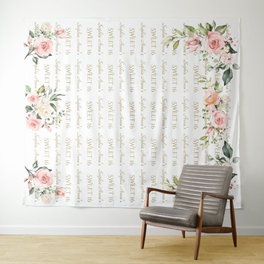 ピンクの花のステップリピート スイート16 フォトプロップ タペストリー (インサイチュ(横))