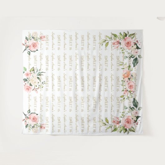 ピンクの花のステップリピート スイート16 フォトプロップ タペストリー (正面(横))