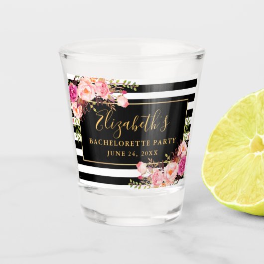 ピンクの花のストライプのなバチェロレッテの金ゴールド ショットグラス (正面)