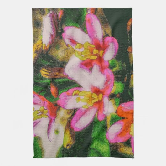 ピンクの花のスプラッシュ キッチンタオル (縦)