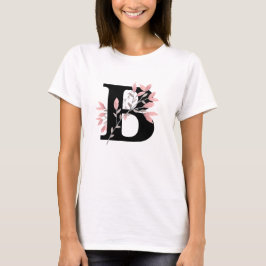 ピンクの花のスプレーとモノグラムの単一文字 Tシャツ