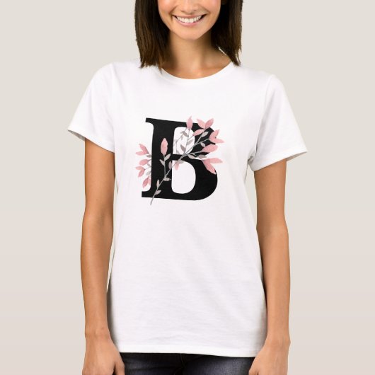 ピンクの花のスプレーとモノグラムの単一文字 Tシャツ (正面)