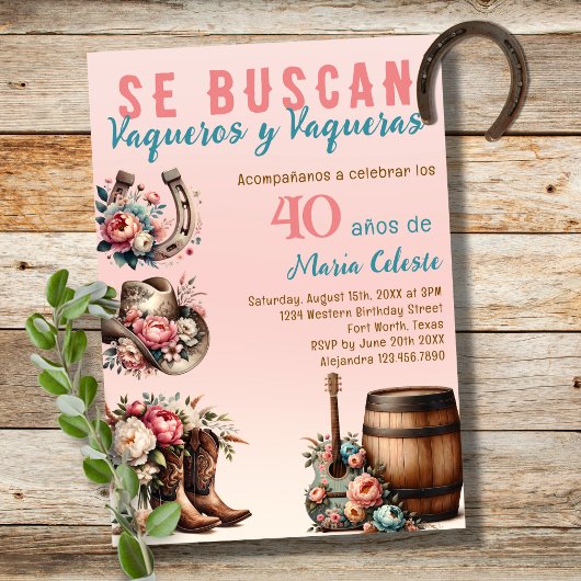 ピンクの花のスペイン西部カウボーイ40歳の誕生日 招待状