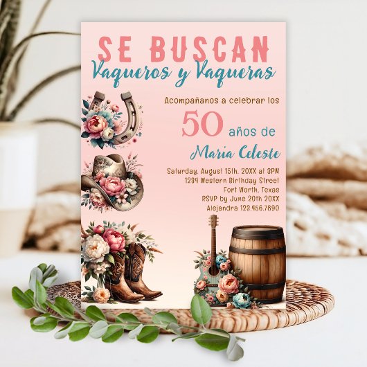 ピンクの花のスペイン西部カウボーイ50歳の誕生日 招待状