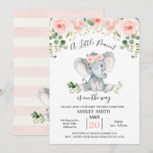 ピンクの花のゾウの赤ちゃんシャワー 招待状 (正面/裏面)