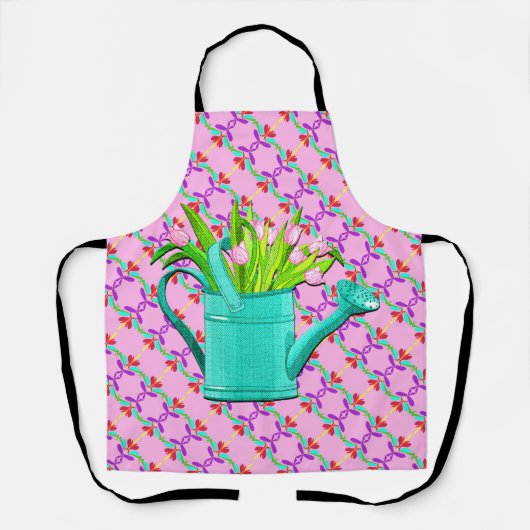 ピンクの花のターコイズ散水缶エプロン エプロン (正面)