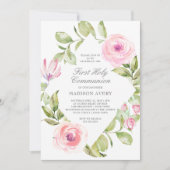 ピンクの花のダイヤモンドの最初聖餐式 招待状 (正面)