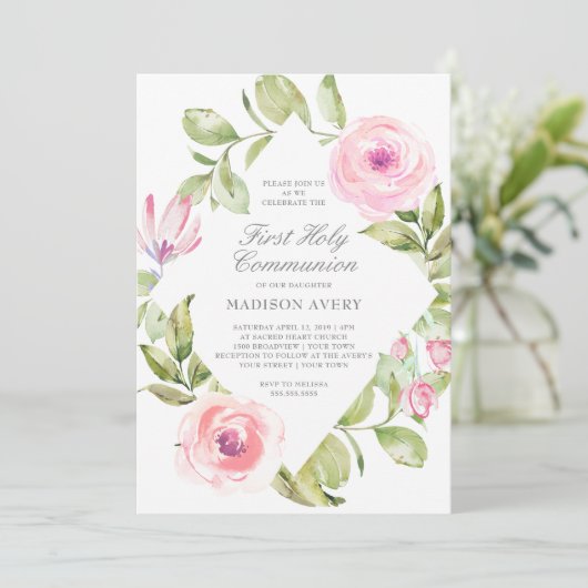 ピンクの花のダイヤモンドの最初聖餐式 招待状 (スタンド正面)