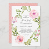ピンクの花のダイヤモンドの最初聖餐式 招待状 (正面/裏面)