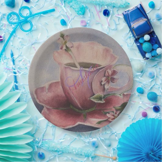 ピンクの花のティーカップのモノグラムのパーティー ペーパープレート (パーティー)