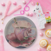 ピンクの花のティーカップのモノグラムのパーティー ペーパープレート (パーティー)