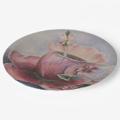 ピンクの花のティーカップのモノグラムのパーティー ペーパープレート (アングル)