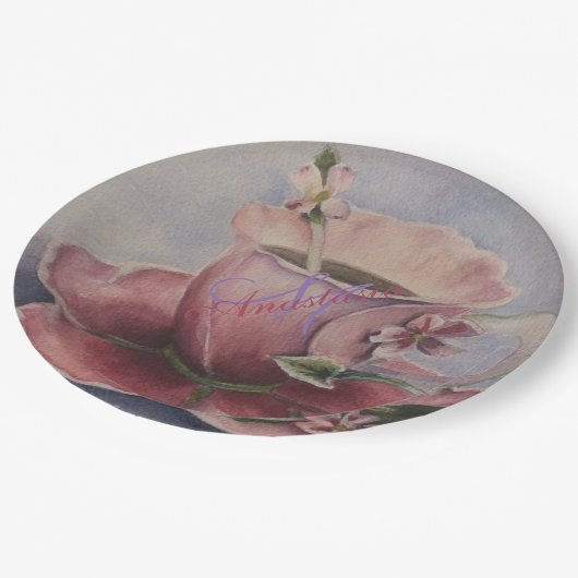 ピンクの花のティーカップのモノグラムのパーティー ペーパープレート (アングル)