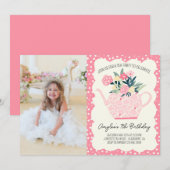 ピンクの花のティーパーティー誕生日写真招待状 招待状 (正面/裏面)