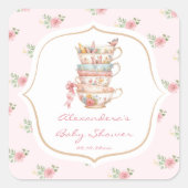 ピンクの花のティーパーティー ベビーシャワー ラウンドシール (正面)