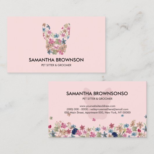 ピンクの花のテクスチャーフランスのブルドッグペット座る 名刺 (正面/裏面)