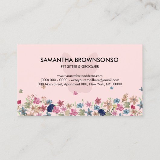 ピンクの花のテクスチャーフランスのブルドッグペット座る 名刺 (裏面)