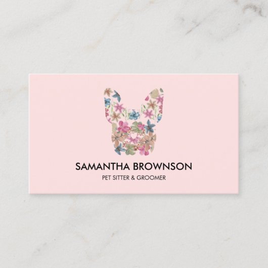 ピンクの花のテクスチャーフランスのブルドッグペット座る 名刺 (正面)