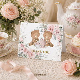 ピンクの花のテディベアのティーパーティーお誕生日お祝い サンキューカード