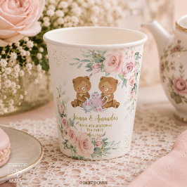 ピンクの花のテディベアのティーパーティー 誕生日 紙コップ