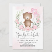 ピンクの花のテディベア風船 女の子 赤ちゃんのお祝い 招待状 (正面)