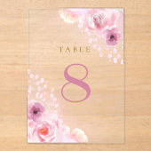 ピンクの花のテーブル番号 アクリル招待状 (正面)