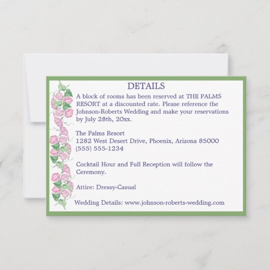 ピンクの花のディテールが付いたセージカラーのカード 招待状 (正面)