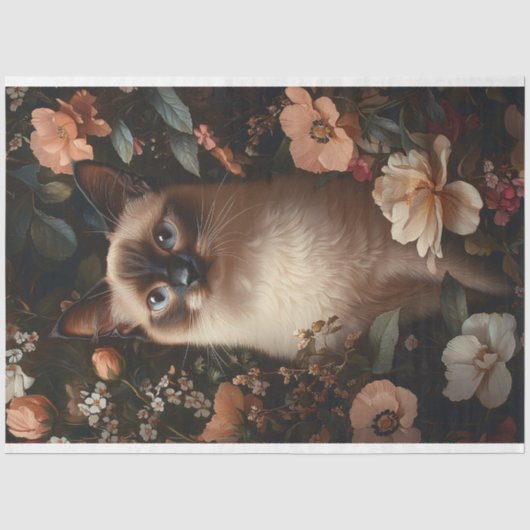ピンクの花のデコパージュとシャム猫 薄葉紙 (正面)