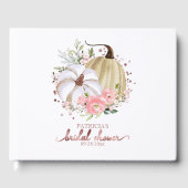 ピンクの花のデザインが施されたパンプキンの秋のブライダルシャワー ゲストブック (正面)