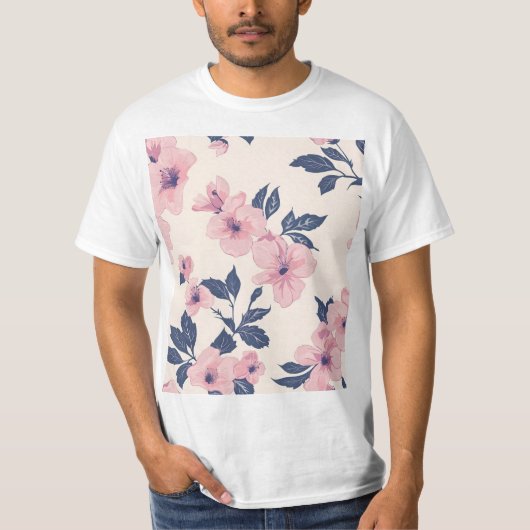 ピンクの花のデザイン Tシャツ (正面)