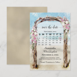 ピンクの花のドリフトウッドビーチアーバーカレンダー結婚式 セーブザデート