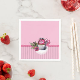 ピンクの花のナプキンとピンクのイチゴのカップケーキ スタンダードカクテルナプキン