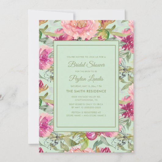 ピンクの花のネオミントグリーンの結婚前お披露目パーティー 招待状 (正面)