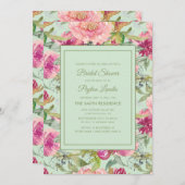 ピンクの花のネオミントグリーンの結婚前お披露目パーティー 招待状 (正面/裏面)