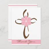 ピンクの花のノートが付いているシンプルでコンテンポラリーな十字 サンキューカード (正面/裏面)