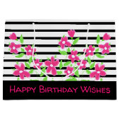 ピンクの花のハッピーバースデーの願い ラージペーパーバッグ (正面)