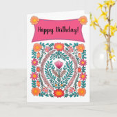 ピンクの花のハッピーバースデー カード (黄色い花)