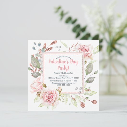 ピンクの花のハートのバレンタインデーのパーティー 招待状 (スタンド正面)