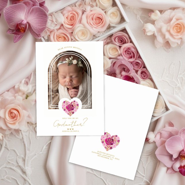 ピンクの花のハートの名付け親プロポーザルデザイン (Romantic Pink Floral Heart with Gold Effect Godparents Baptism Proposal Card Design )