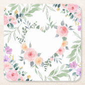 ピンクの花のハート スクエアペーパーコースター (正面)