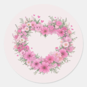 ピンクの花のハート ラウンドシール
