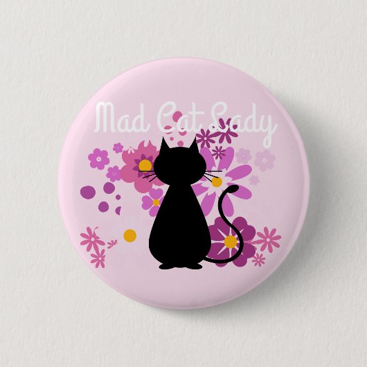 ピンクの花のバッジの"気違い猫の女性"猫 缶バッジ (正面)