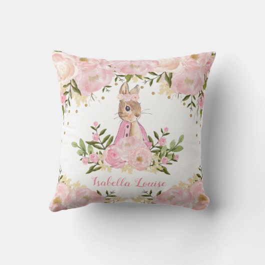 ピンクの花のバニーウサギの女の赤ちゃんの子供部屋部屋 クッション (裏面)