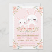 ピンクの花のバニー女の子のベビーシャワー/かわいいウサギ 招待状 (正面)