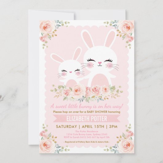 ピンクの花のバニー女の子のベビーシャワー/かわいいウサギ 招待状 (正面)