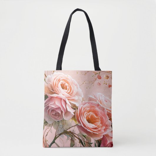 ピンクの花のバラ水絵を描色の トートバッグ (正面)