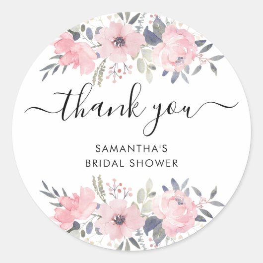 ピンクの花のバラ 水彩画スクリプト ありがとうございます ラウンドシール (正面)