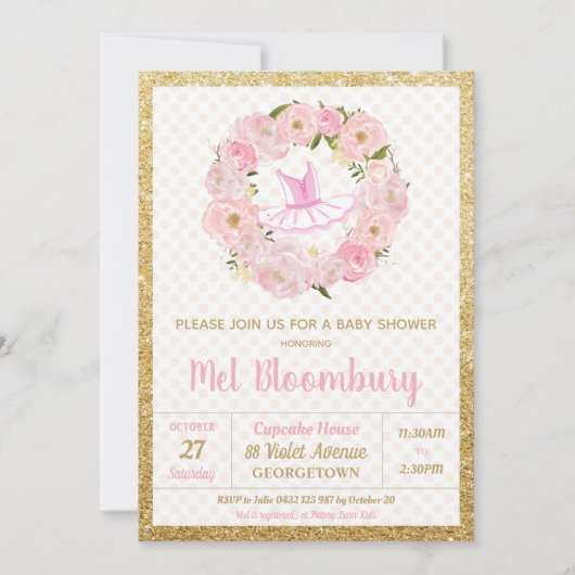 ピンクの花のバレリーナのベビーシャワーの招待状の女の子 招待状 (正面)